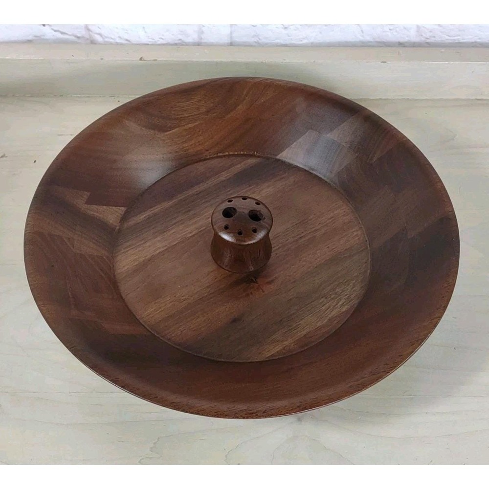 Vintage Dark Walnut Handmade Nut Bowl w/ Pick Storage Missouri 12 " Diameter MCM